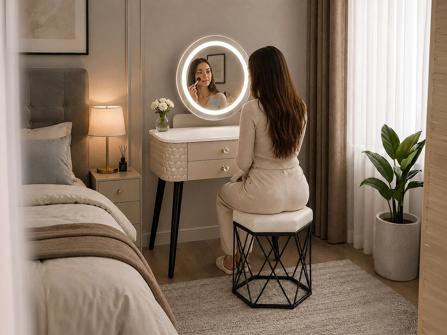 Dressing Table with LED Mirror, Storage Drawer & Makeup Vanity Desk - beige W60 - Bella