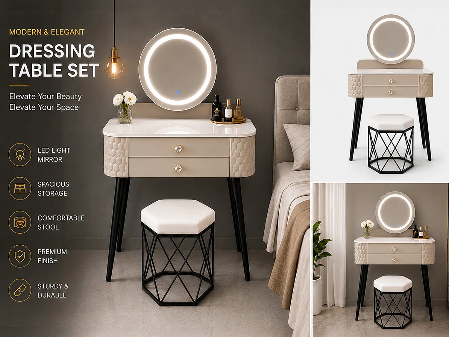 Dressing Table with LED Mirror, Storage Drawer & Makeup Vanity Desk - beige W60 - Bella