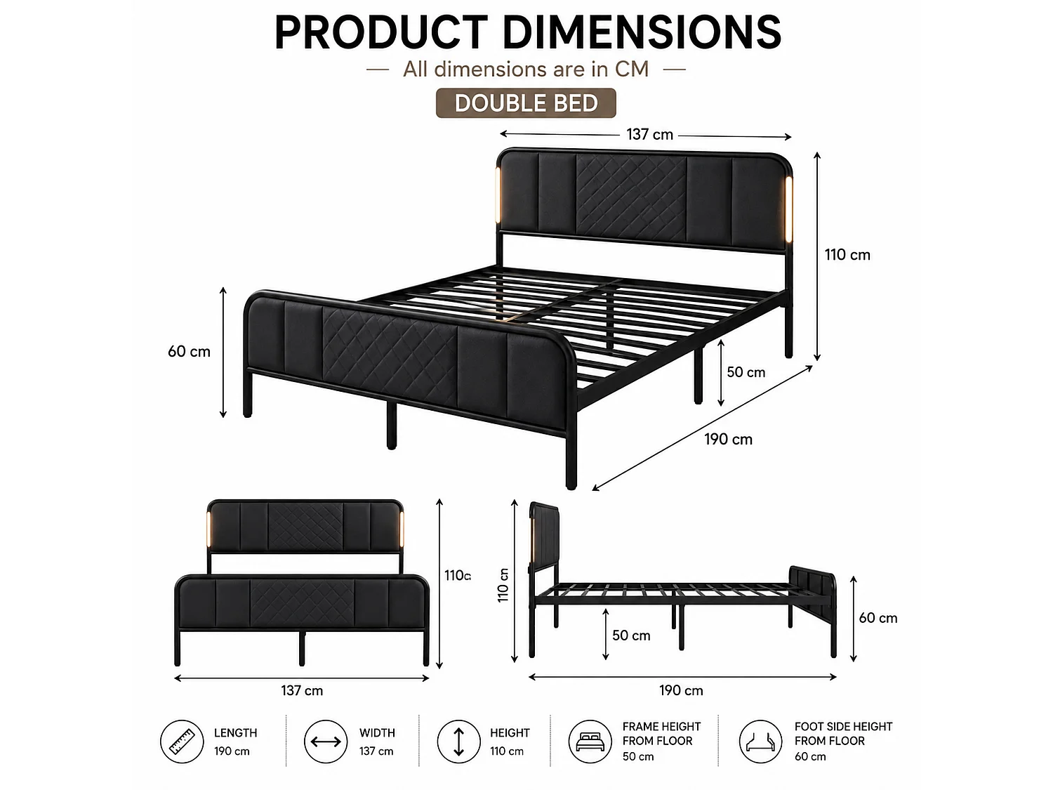 LED Bed Frame Diamond Quilted Headboard No Box Spring, Double - Black