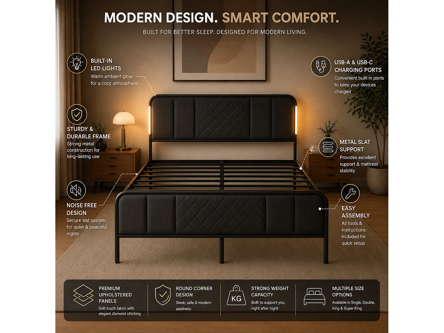 LED Bed Frame Diamond Quilted Headboard No Box Spring, King - grey
