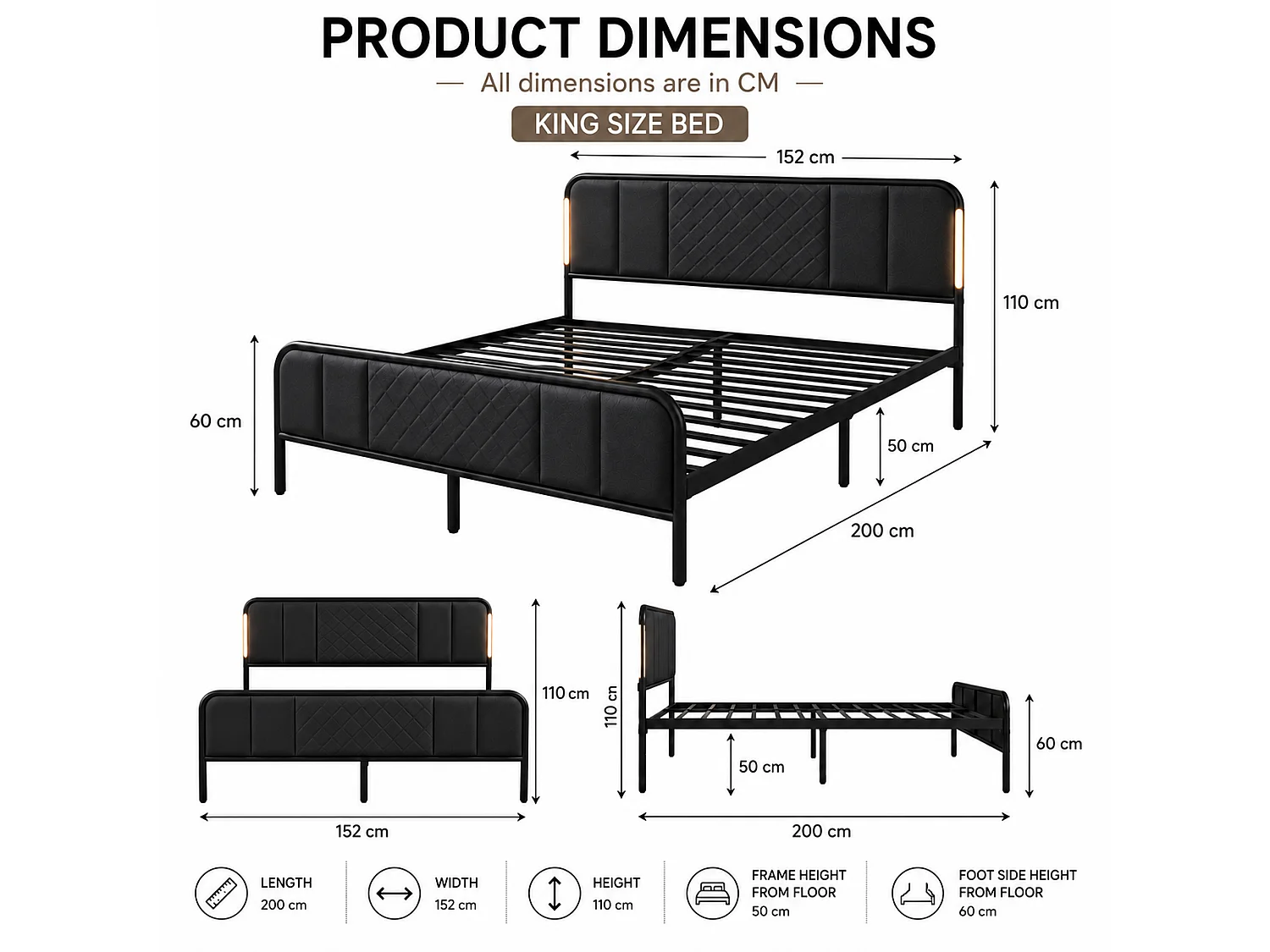 LED Bed Frame Diamond Quilted Headboard No Box Spring, King - grey