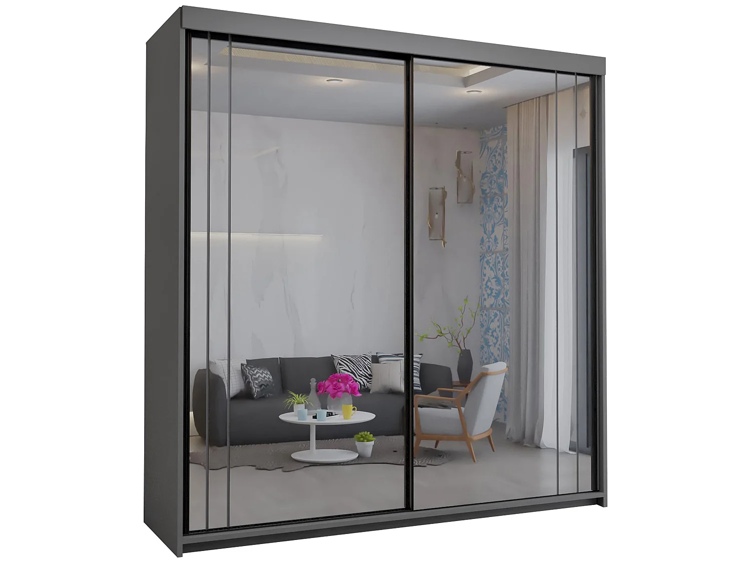 Full Mirror Sliding Door Wardrobe with Shelves & Drawers - grey 150cm - Polished