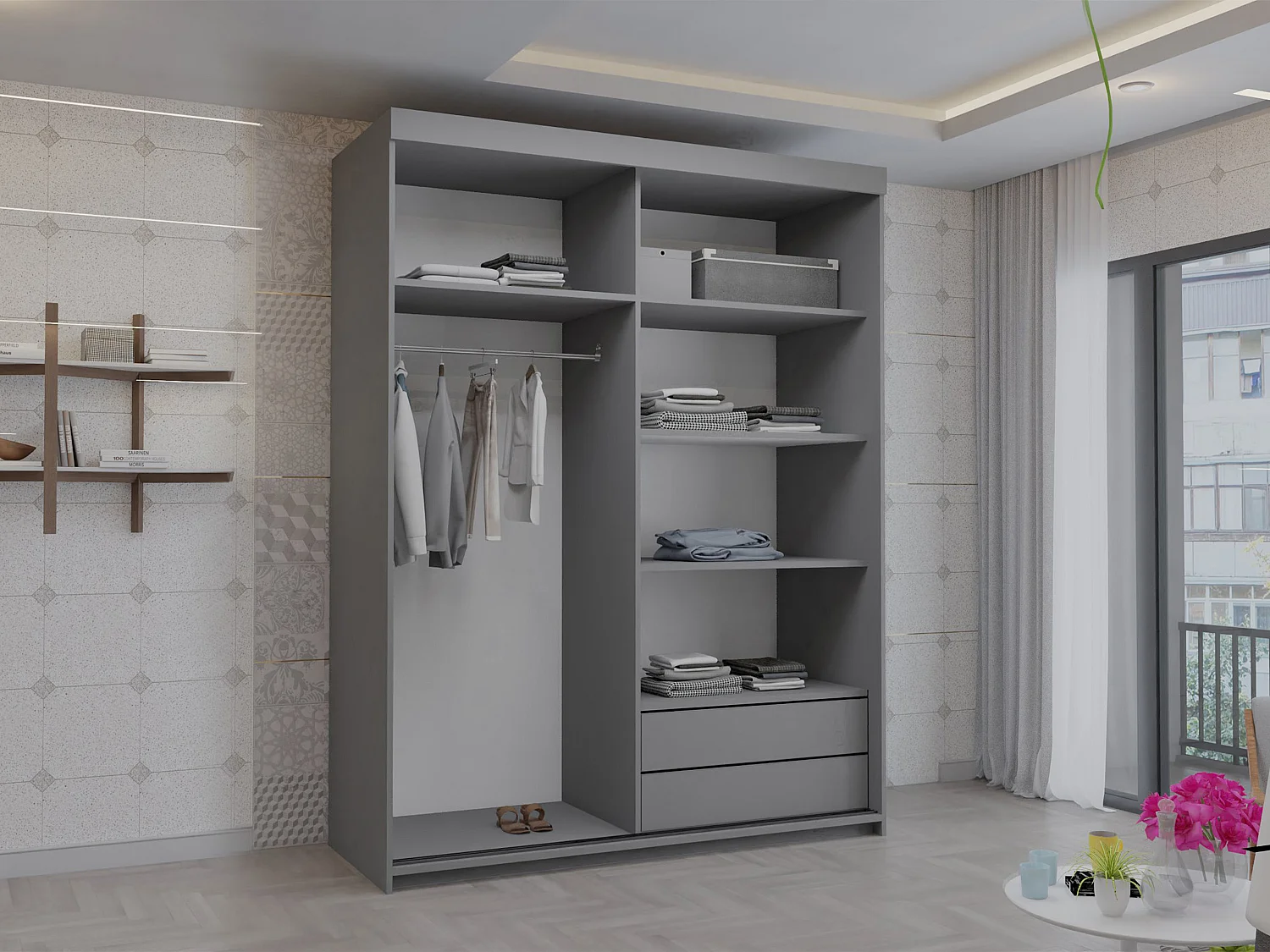 Full Mirror Sliding Door Wardrobe with Shelves & Drawers - grey 150cm - Polished