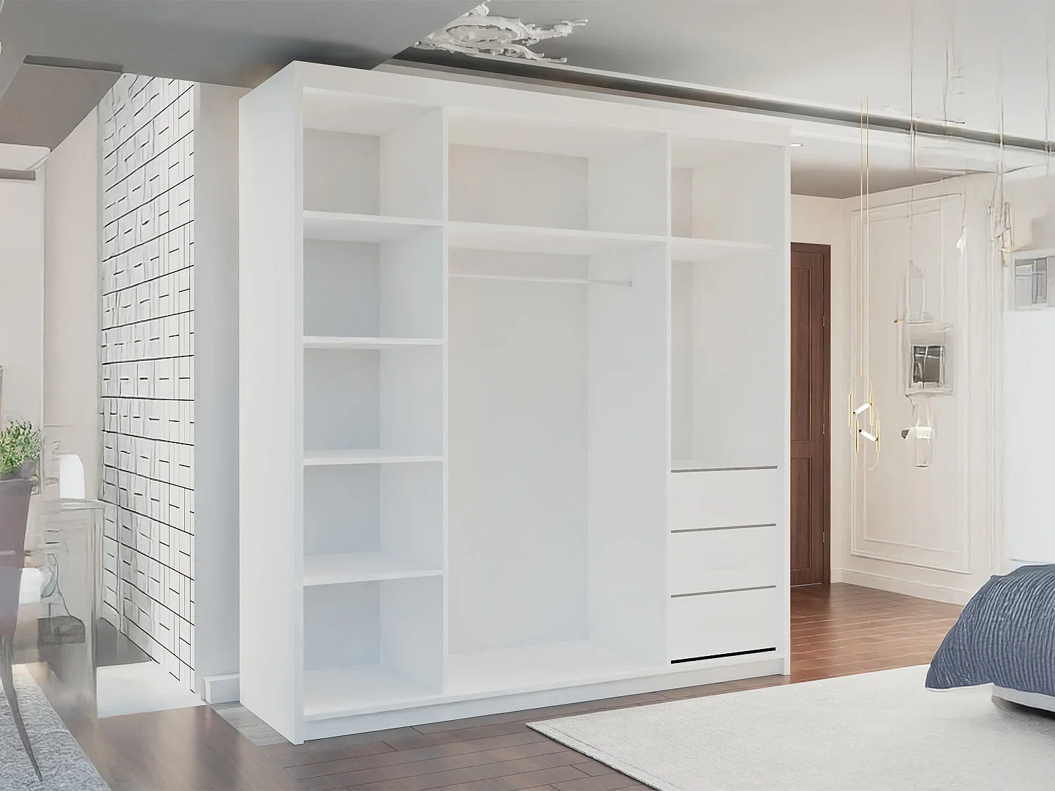 Full Mirror Sliding Door Wardrobe with Shelves & Drawers - white 200cm - Tilburg