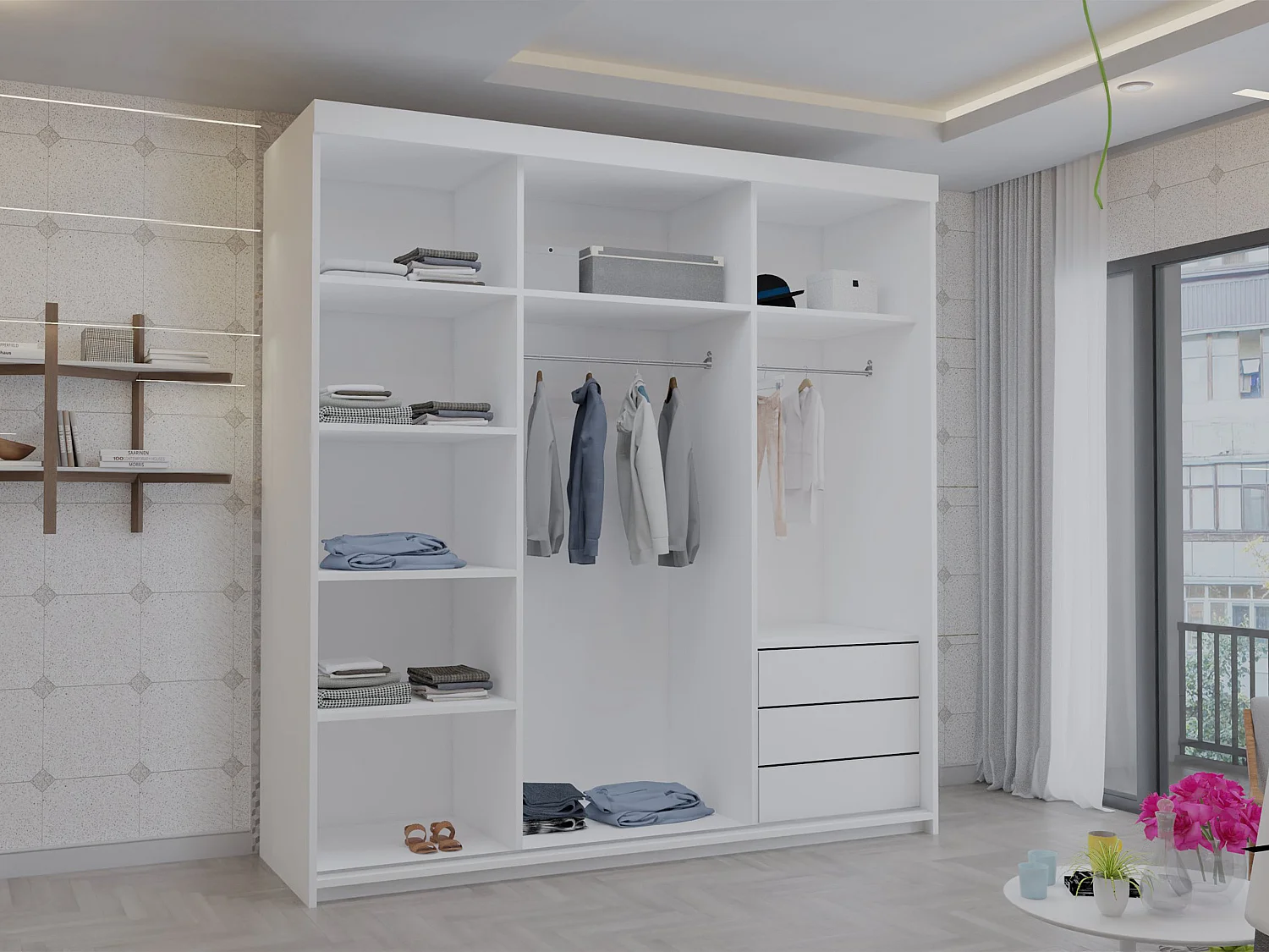 Full Mirror Sliding Door Wardrobe with Shelves & Drawers - white 200cm - Polished