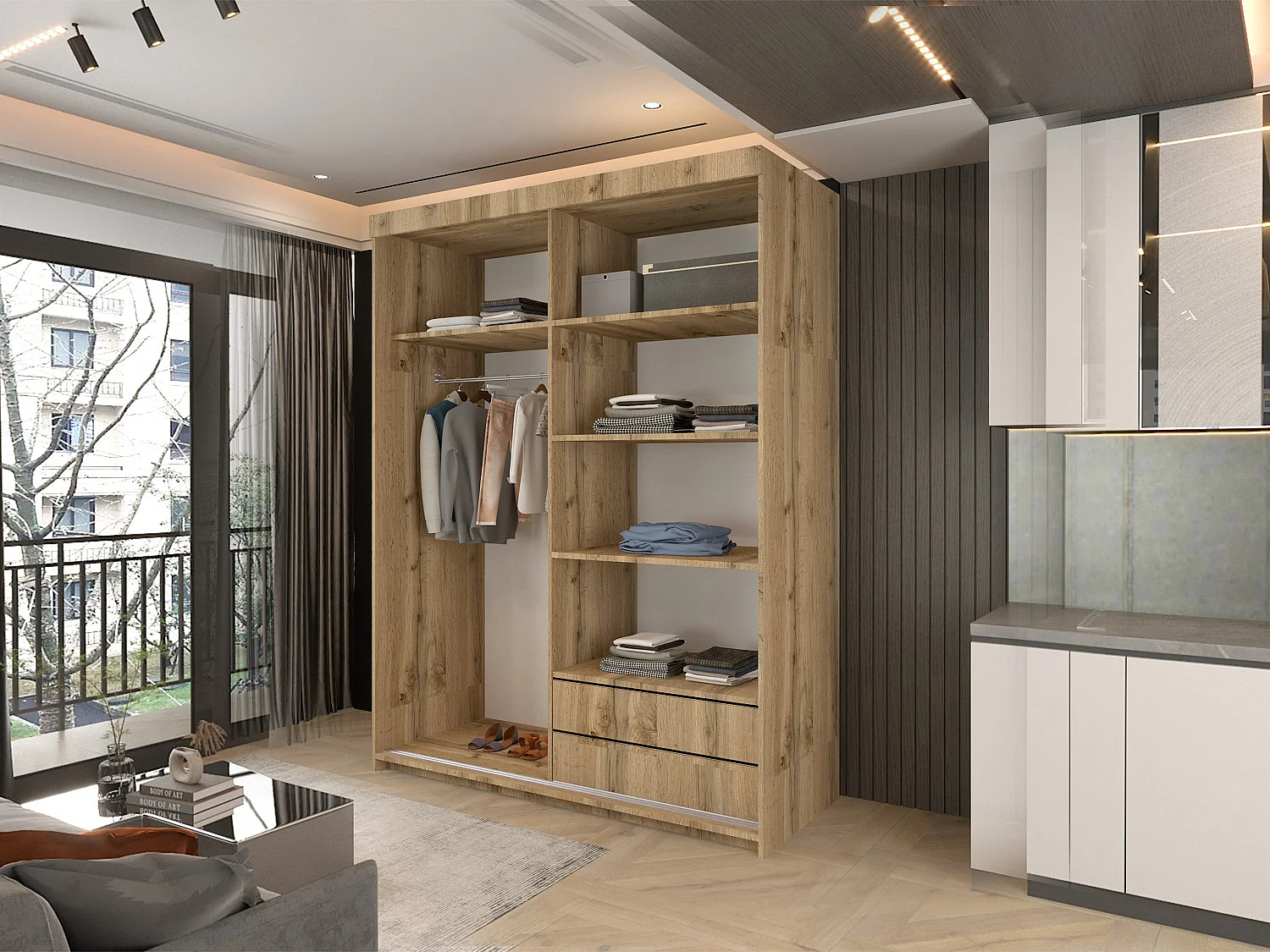 Full Mirror Sliding Door Wardrobe with Shelves & Drawers - votan 150cm - Downtown