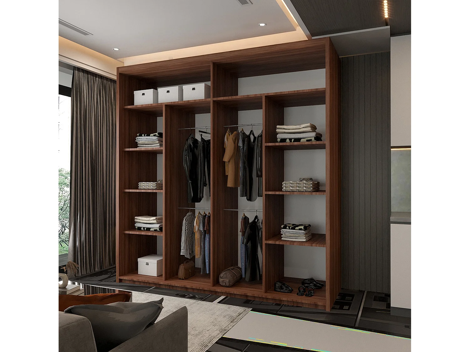 Mirror Strip Sliding Door Wardrobe with Shelves - walnut 203cm - Chennai