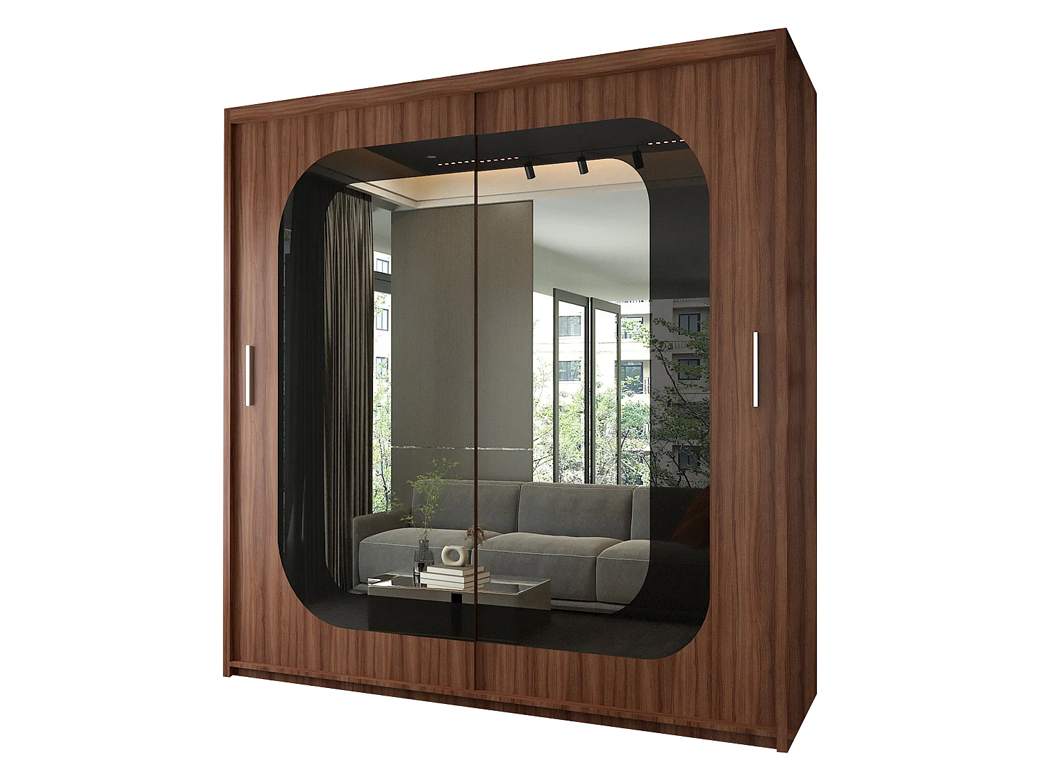 Mirror Strip Sliding Door Wardrobe with Shelves - walnut 203cm - Chennai