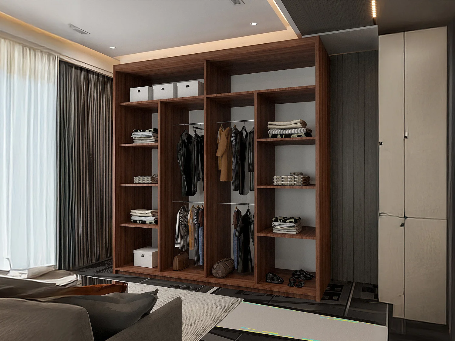 Mirror Strip Sliding Door Wardrobe with Shelves - walnut 203cm - Chennai