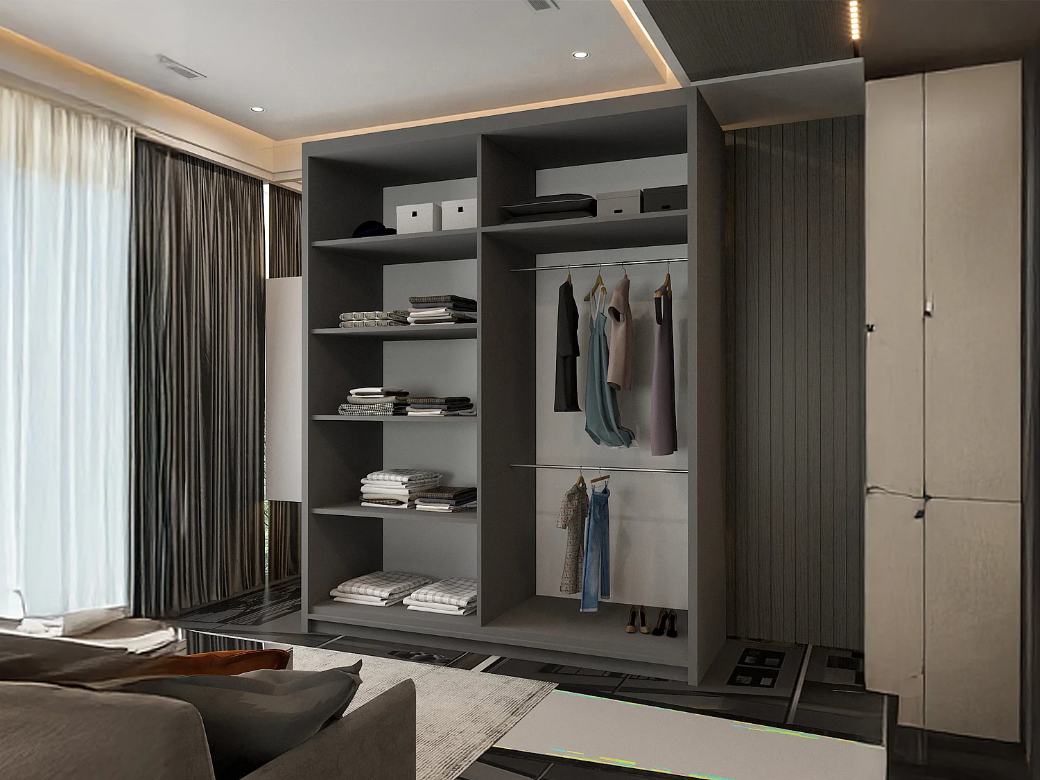 Mirror Strip Sliding Door Wardrobe with Shelves - grey 150cm - Chennai