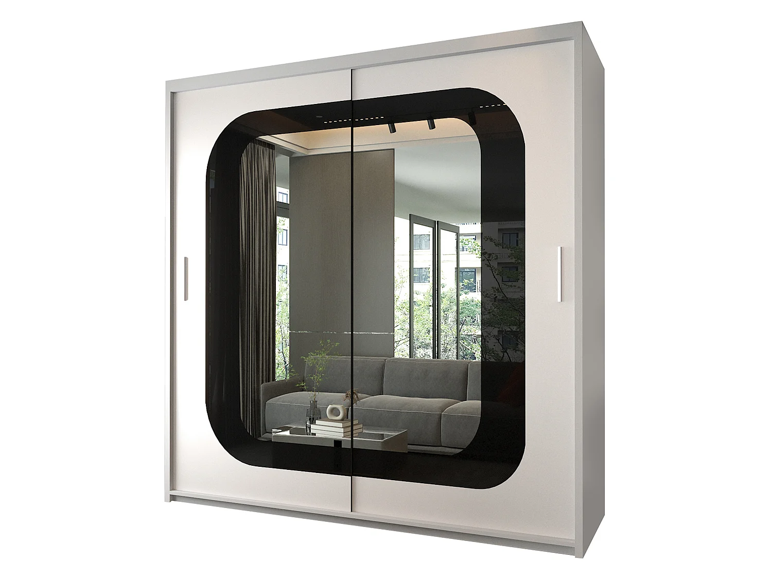 Mirror Strip Sliding Door Wardrobe with Shelves - white 203cm - Chennai