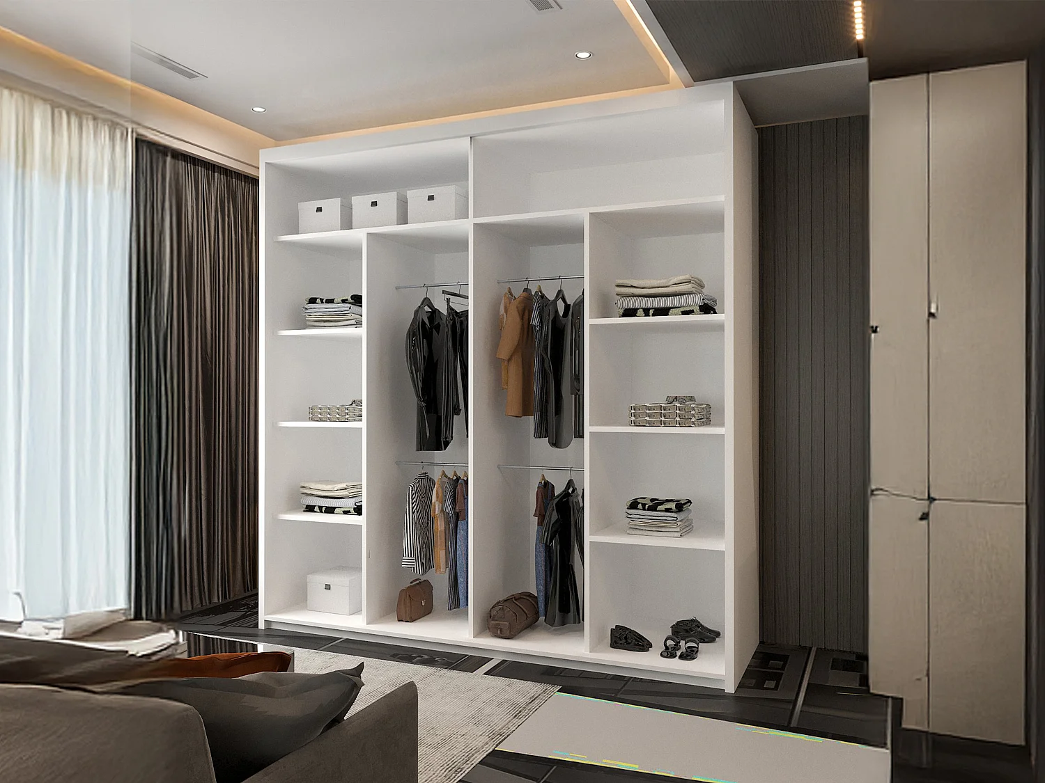 Mirror Strip Sliding Door Wardrobe with Shelves - white 203cm - Chennai