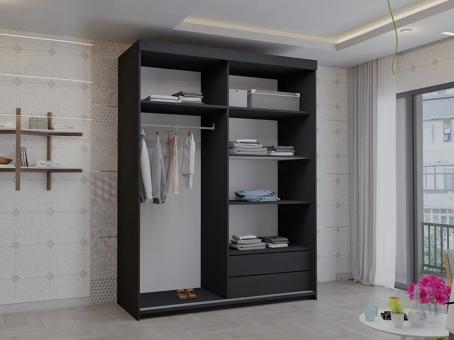 Full Mirror Sliding Door Wardrobe with Shelves & Drawers - black 150cm - Polished