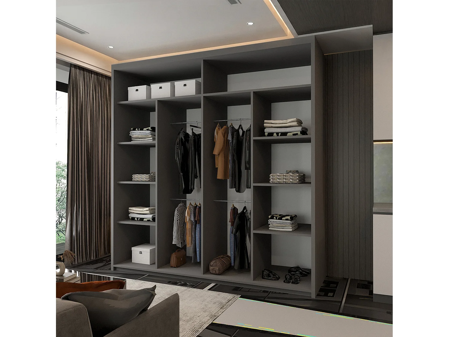 Mirror Strip Sliding Door Wardrobe with Shelves - grey 203cm - Chennai