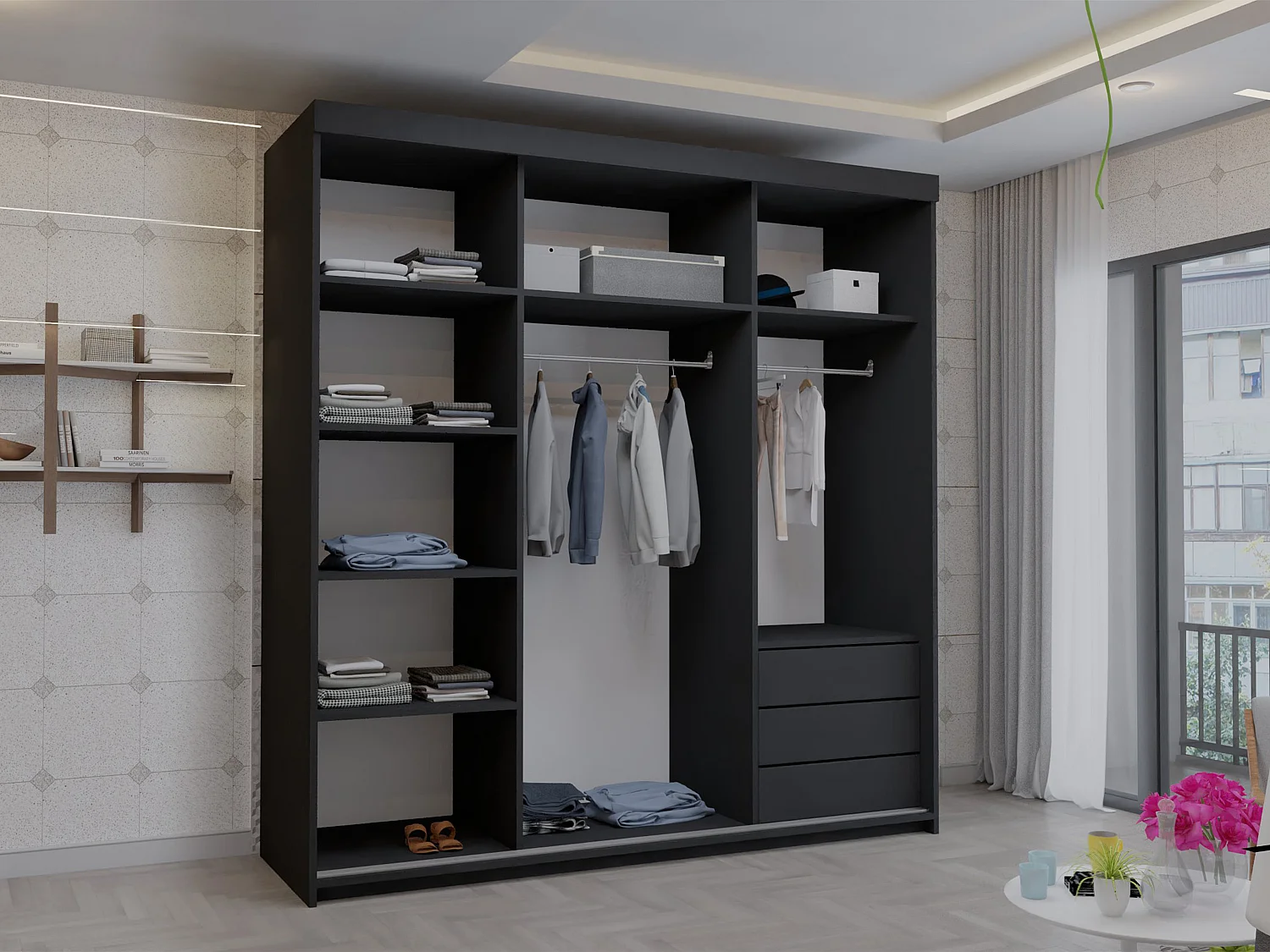 Full Mirror Sliding Door Wardrobe with Shelves & Drawers - black 200cm - Polished