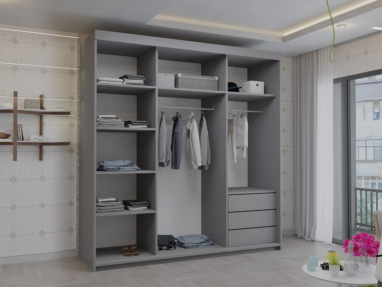 Full Mirror Sliding Door Wardrobe with Shelves & Drawers - grey 200cm - Polished