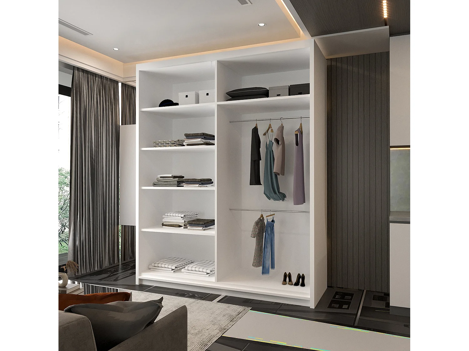 Mirror Strip Sliding Door Wardrobe with Shelves - white 150cm - Chennai