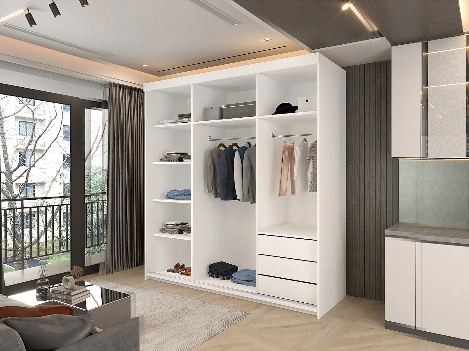 Full Mirror Sliding Door Wardrobe with Shelves & Drawers - white 200cm - Downtown