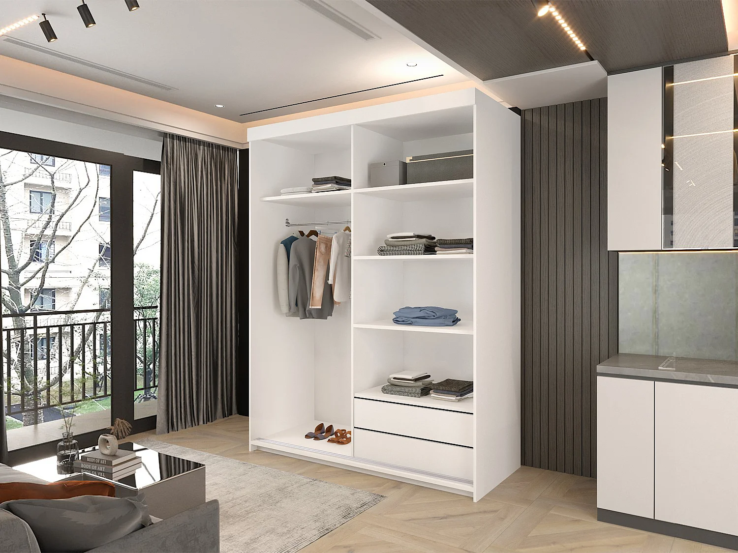 Full Mirror Sliding Door Wardrobe with Shelves & Drawers - white 150cm - Downtown