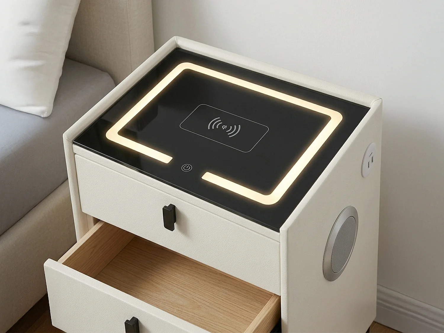 Smart Bedside Table with Wireless Charging, Bluetooth Speaker & LED Light - white W50cm x H60cm x D40cm - Liora