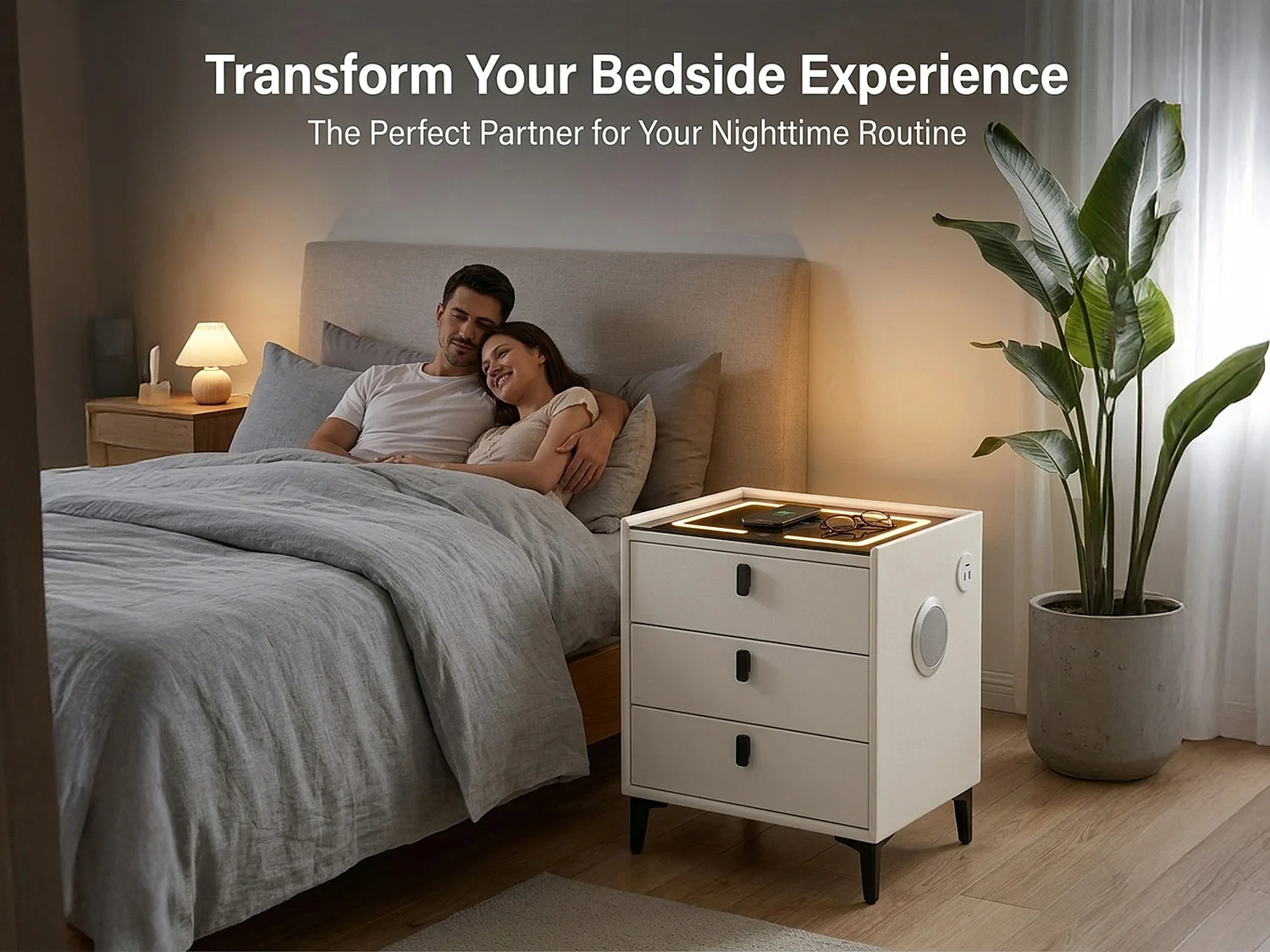 Smart Bedside Table with Wireless Charging, Bluetooth Speaker & LED Light - white W50cm x H60cm x D40cm - Liora