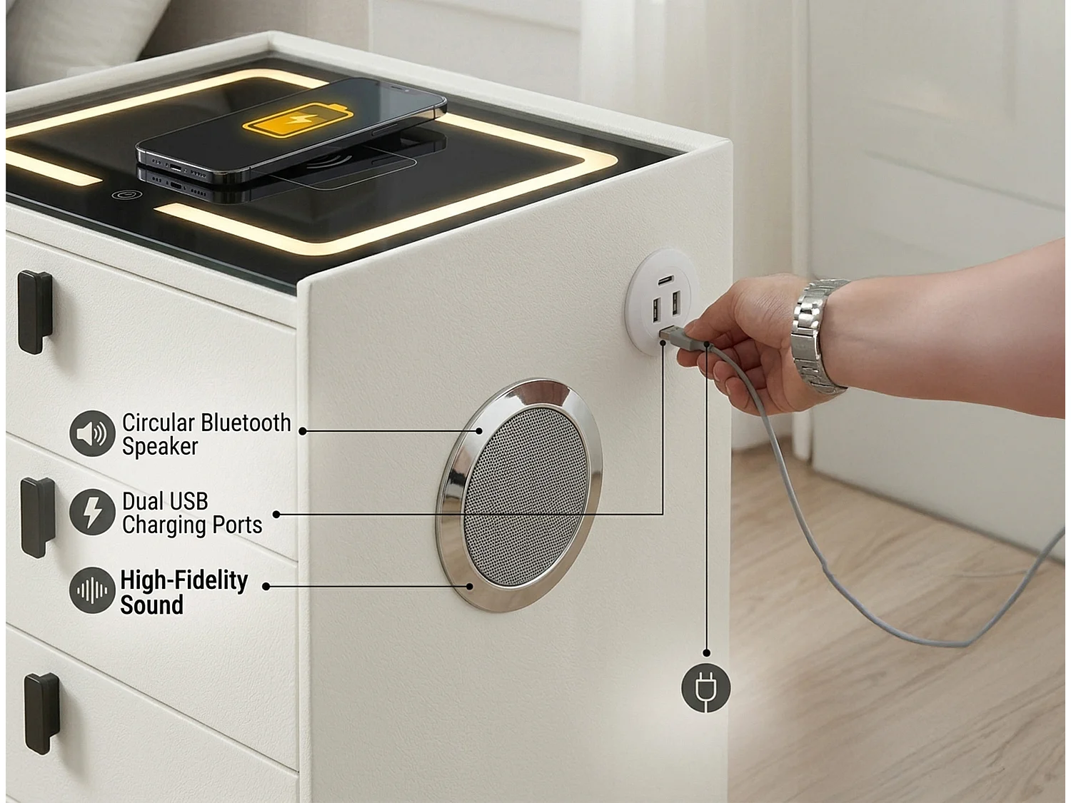 Smart Bedside Table with Wireless Charging, Bluetooth Speaker & LED Light - white W50cm x H60cm x D40cm - Liora