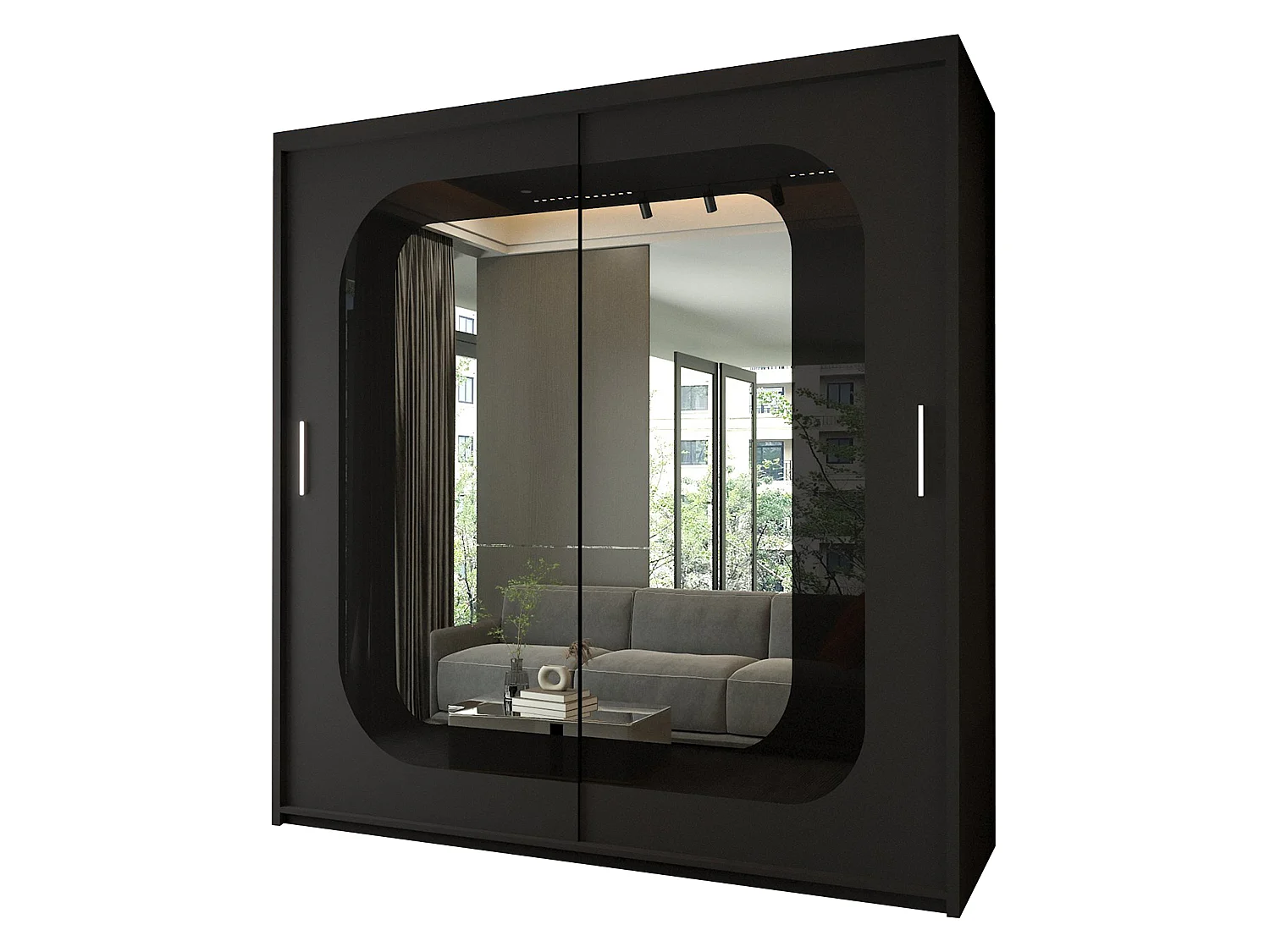 Mirror Strip Sliding Door Wardrobe with Shelves - black 203cm - Chennai