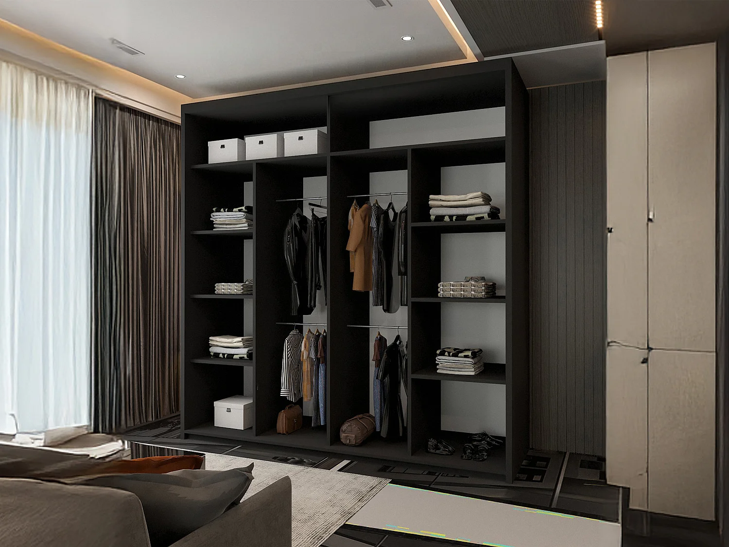 Mirror Strip Sliding Door Wardrobe with Shelves - black 203cm - Chennai