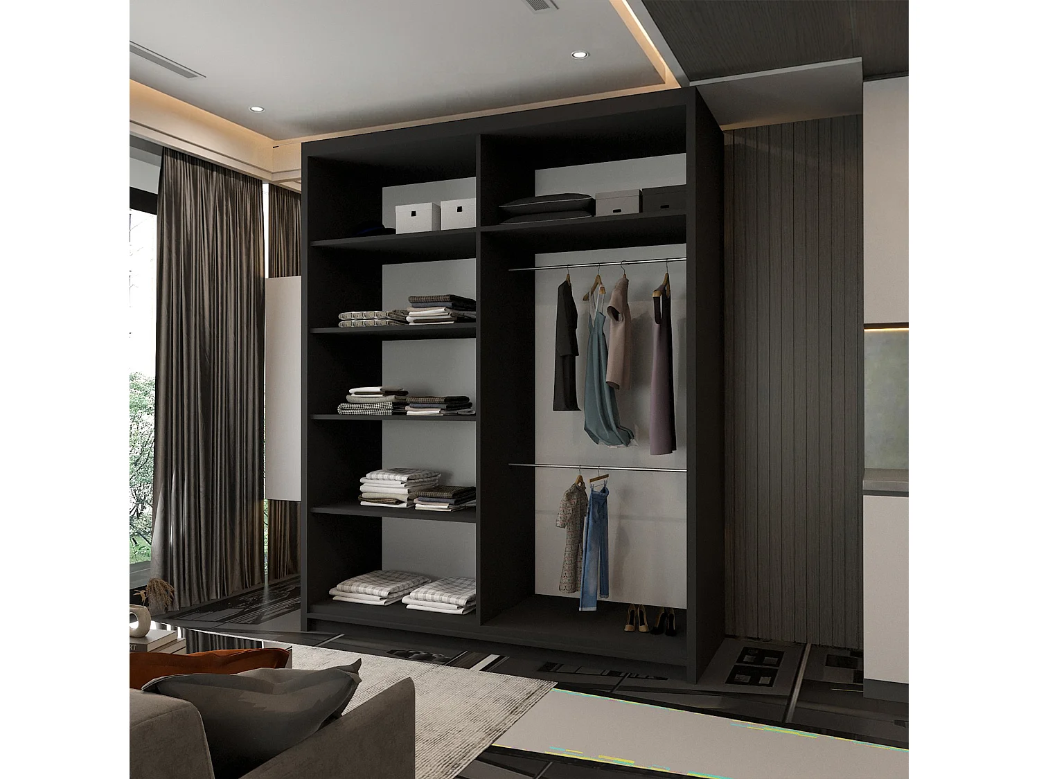 Mirror Strip Sliding Door Wardrobe with Shelves - black 150cm - Chennai