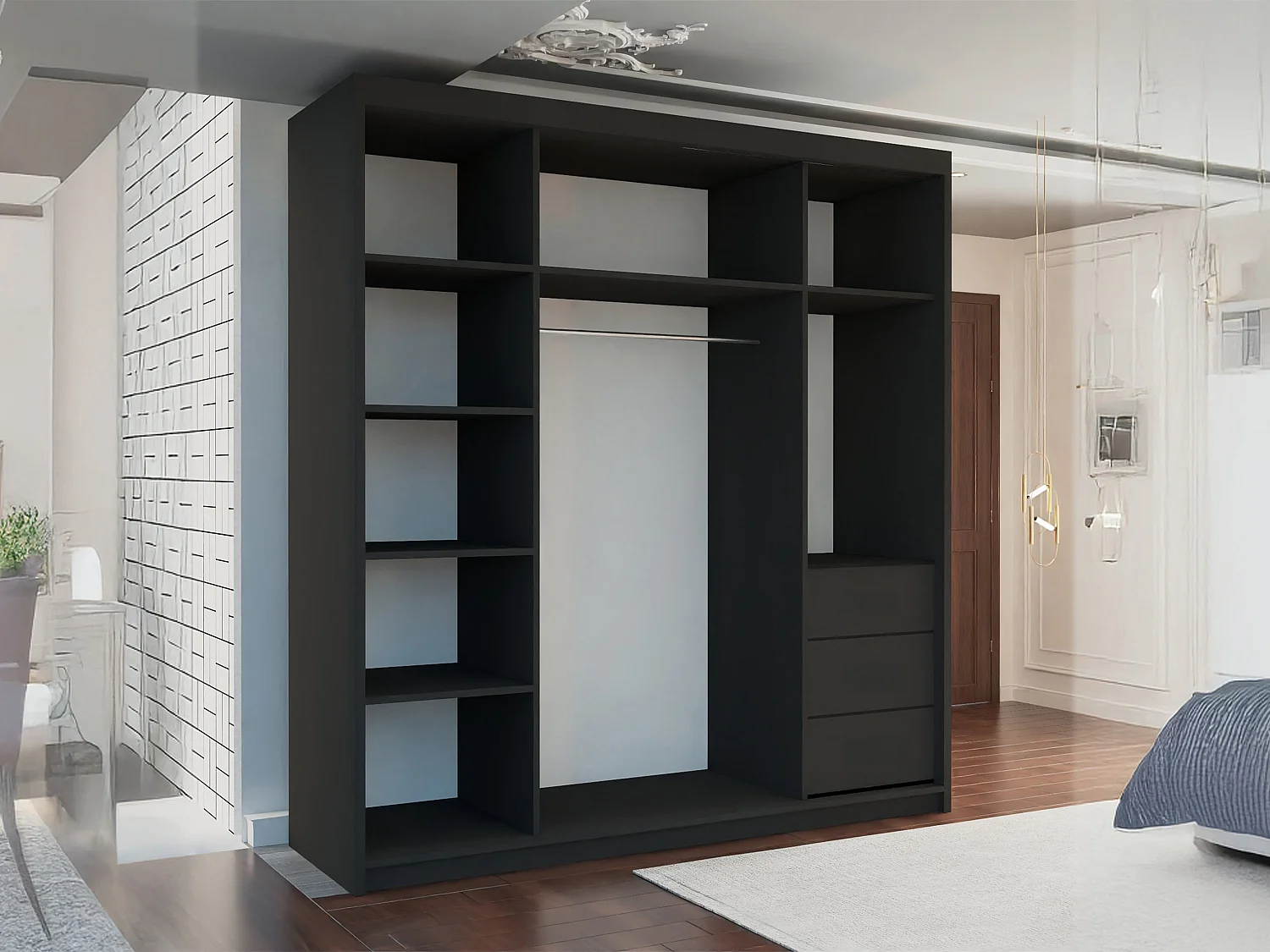 Full Mirror Sliding Door Wardrobe with Shelves & Drawers - black 200cm - Tilburg