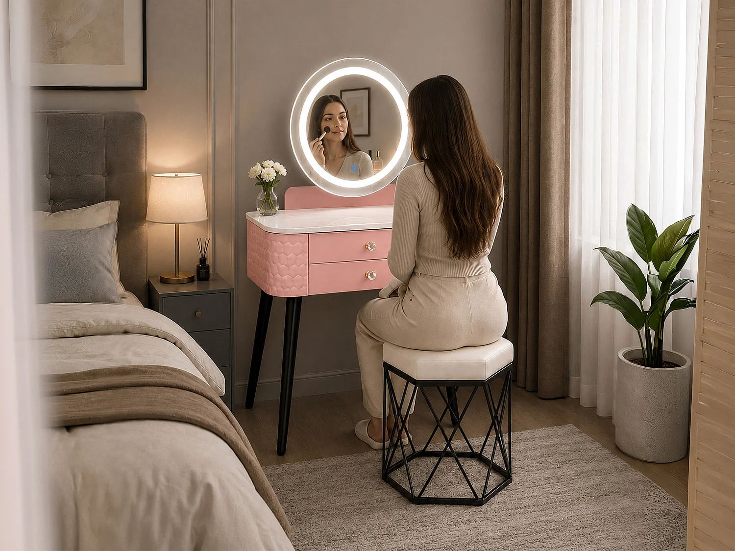 Dressing Table with LED Mirror, Storage Drawer & Makeup Vanity Desk - pink W60 - Bella