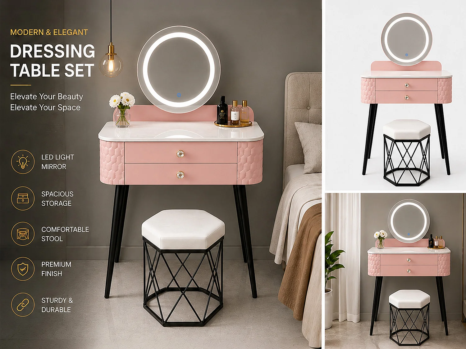 Dressing Table with LED Mirror, Storage Drawer & Makeup Vanity Desk - pink W60 - Bella