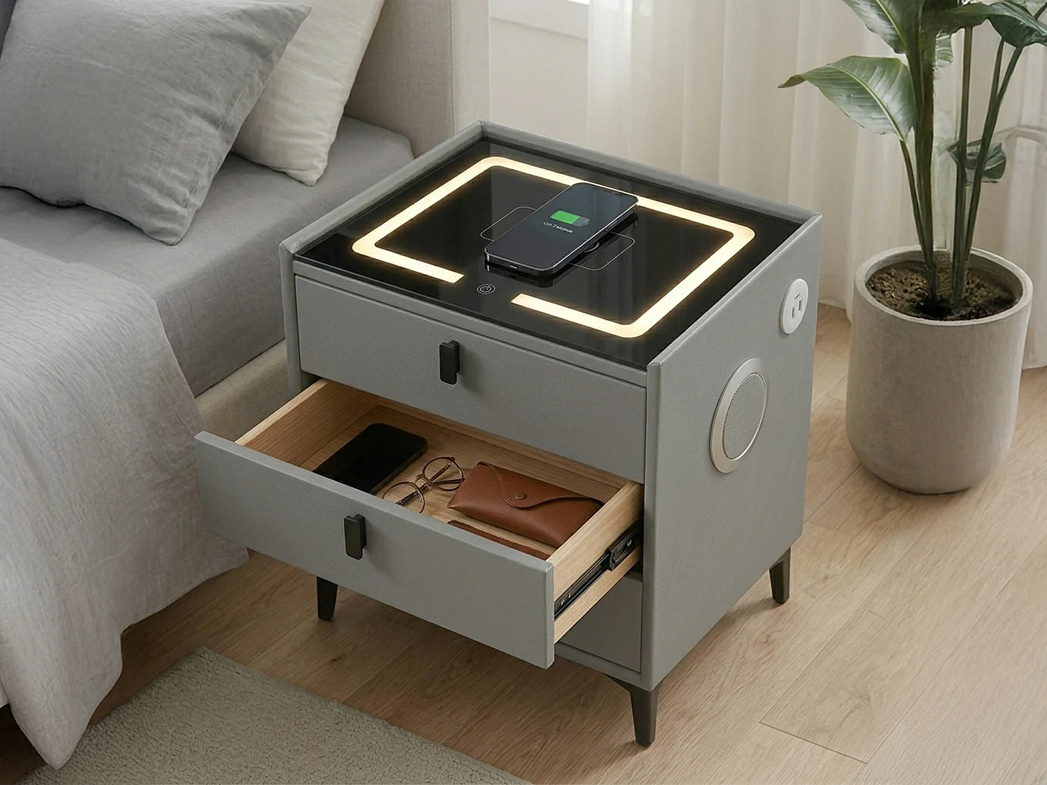 Smart Bedside Table with Wireless Charging, Bluetooth Speaker & LED Light - grey W50cm x H60cm x D40cm - Liora