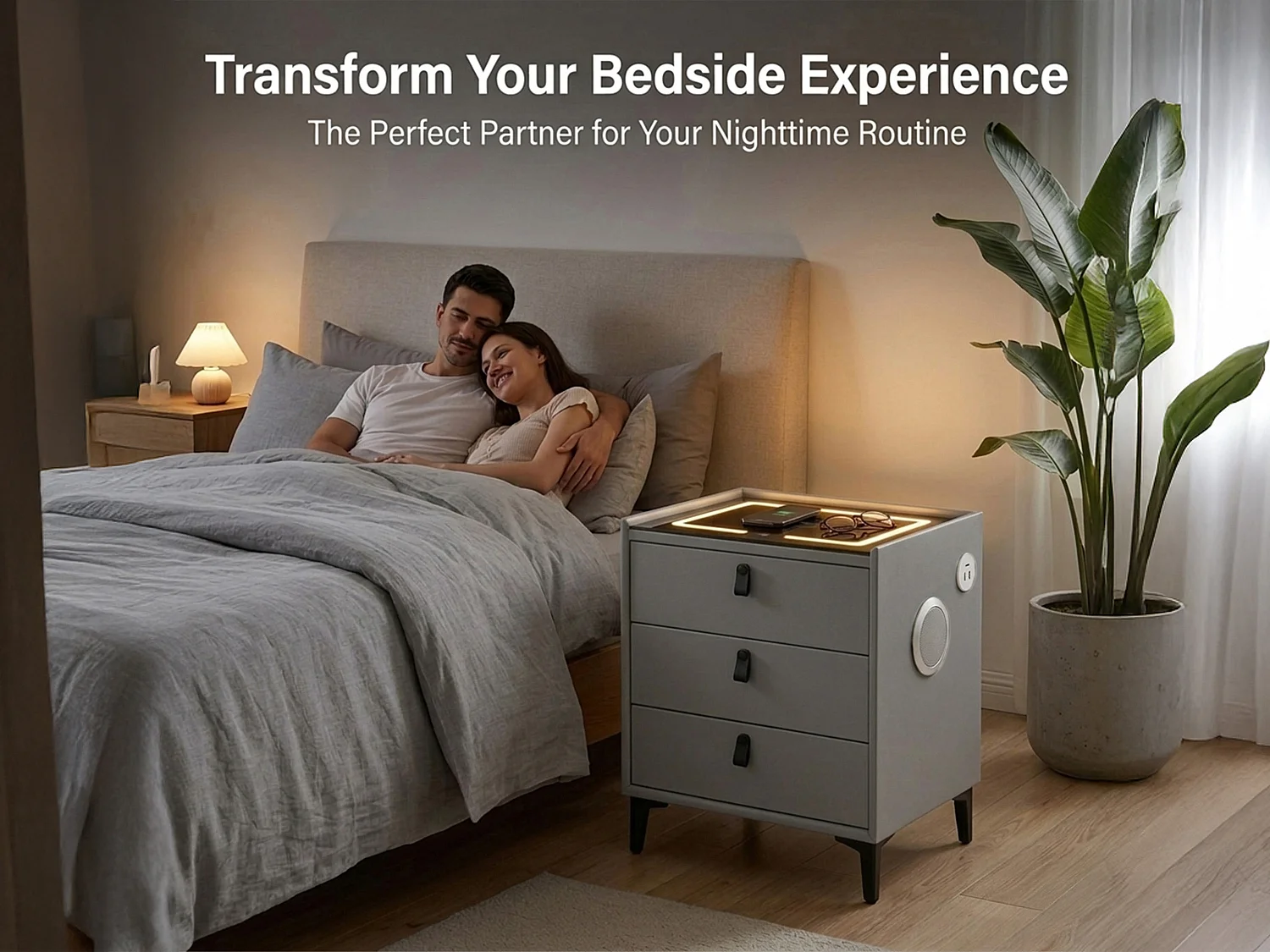 Smart Bedside Table with Wireless Charging, Bluetooth Speaker & LED Light - grey W50cm x H60cm x D40cm - Liora