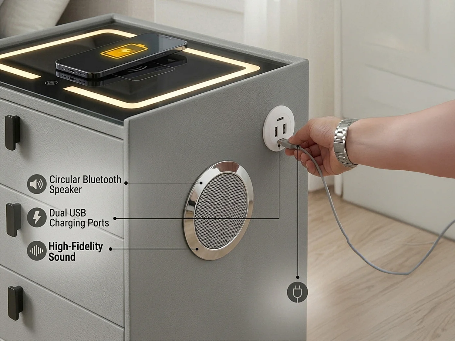 Smart Bedside Table with Wireless Charging, Bluetooth Speaker & LED Light - grey W50cm x H60cm x D40cm - Liora