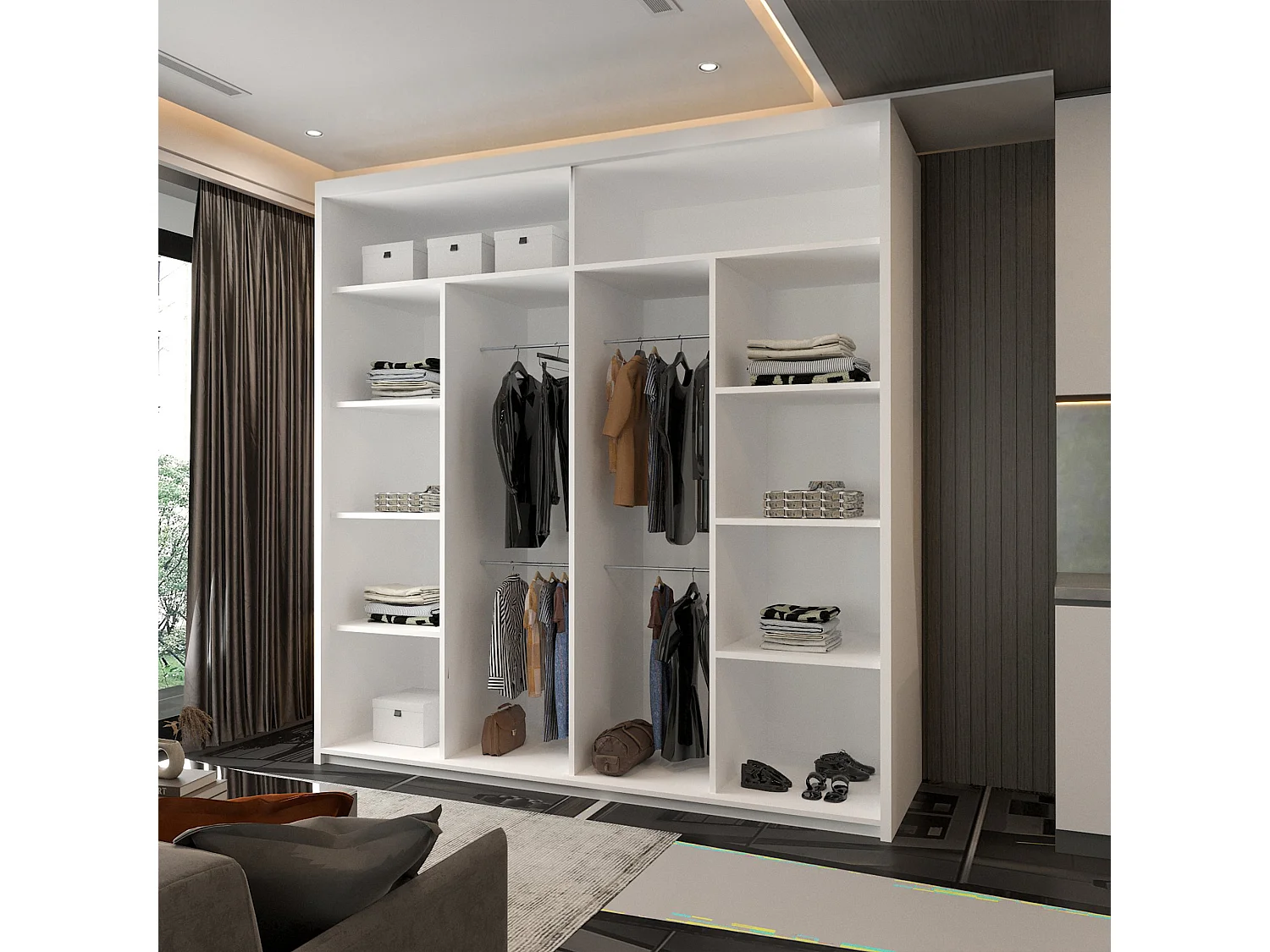 Sliding Door Wardrobe with Mirror Strip & Shelves - white 203cm - Stylish