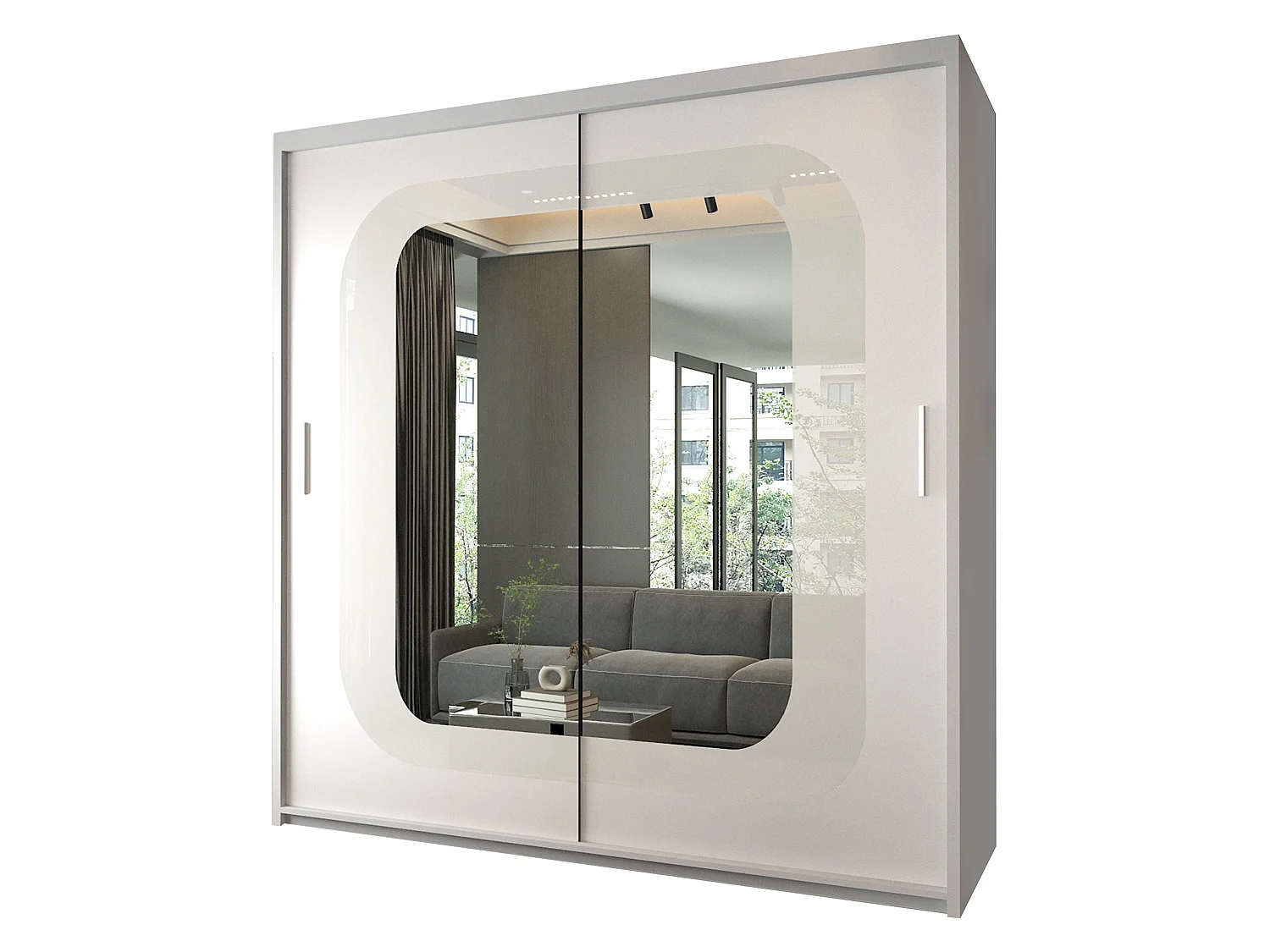 Sliding Door Wardrobe with Mirror Strip & Shelves - white 203cm - Stylish