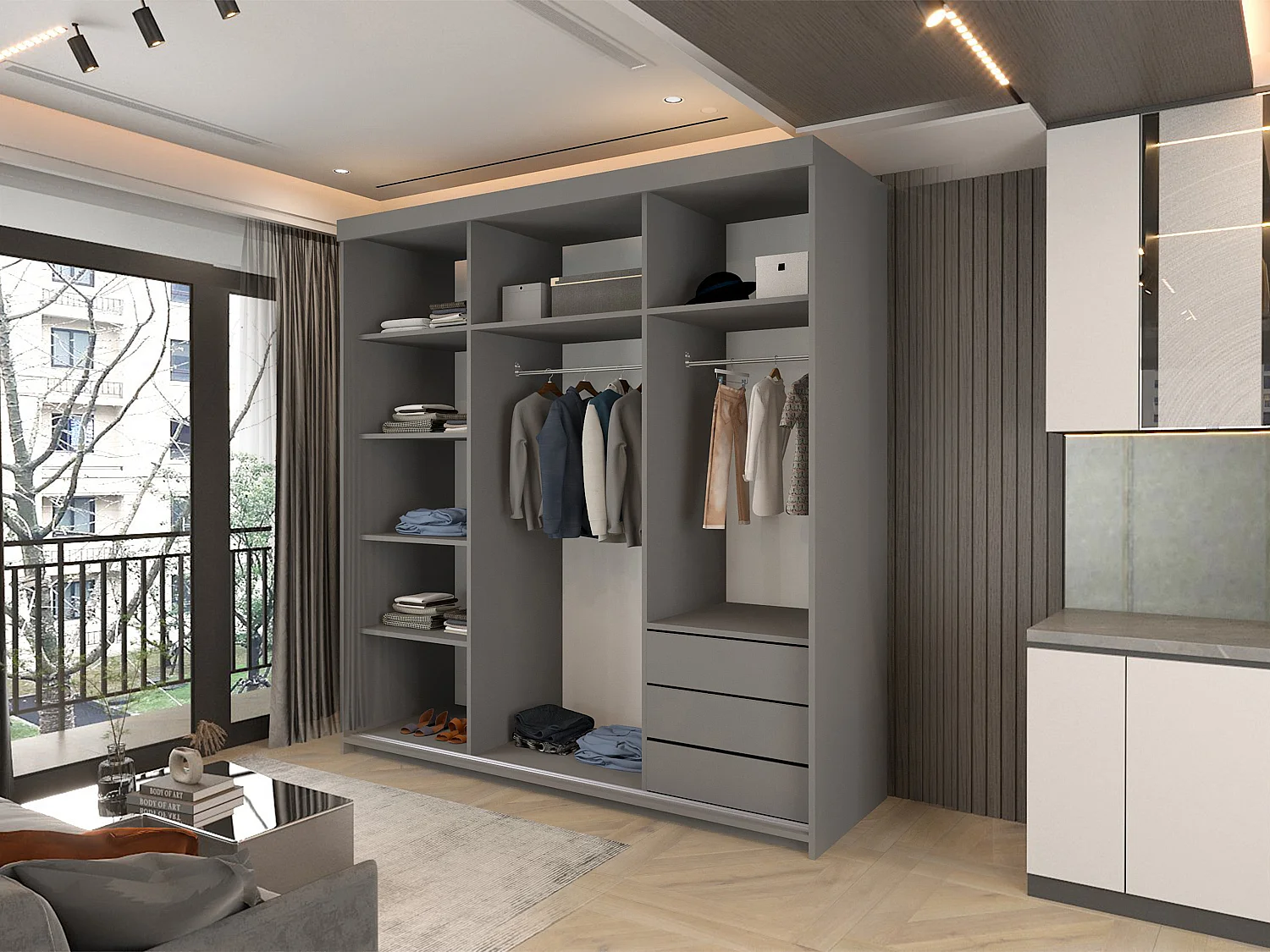 Full Mirror Sliding Door Wardrobe with Shelves & Drawers - grey 200cm - Downtown