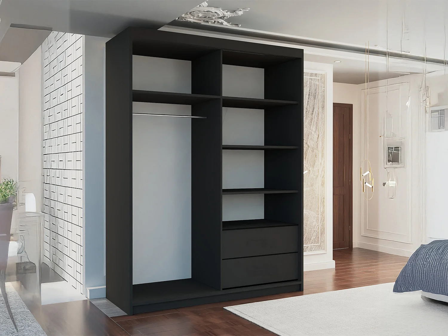Full Mirror Sliding Door Wardrobe with Shelves & Drawers - black 150cm - Tilburg