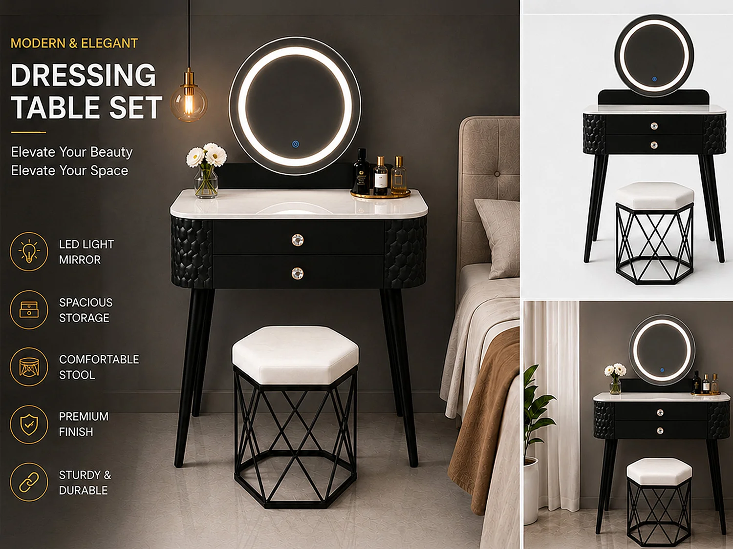 Dressing Table with LED Mirror, Storage Drawer & Makeup Vanity Desk - black W60 - Bella