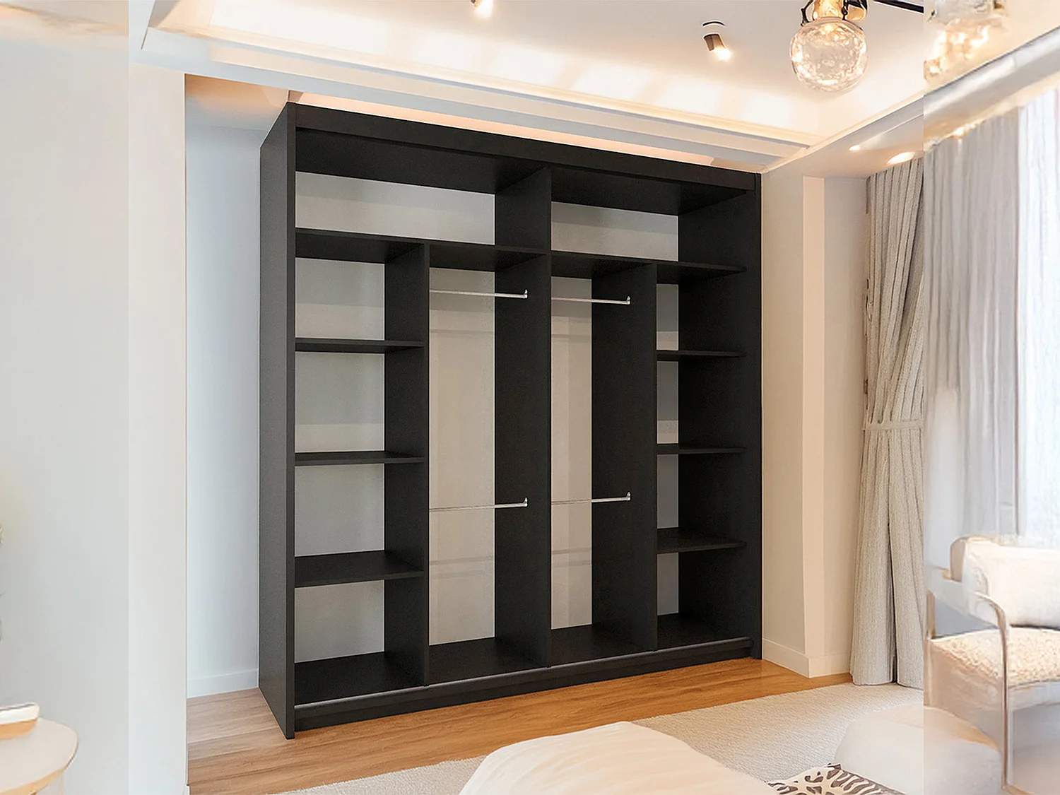 Sliding Door Wardrobe with Mirror & Votan Oak Strips - black 203cm - Cairo Classic