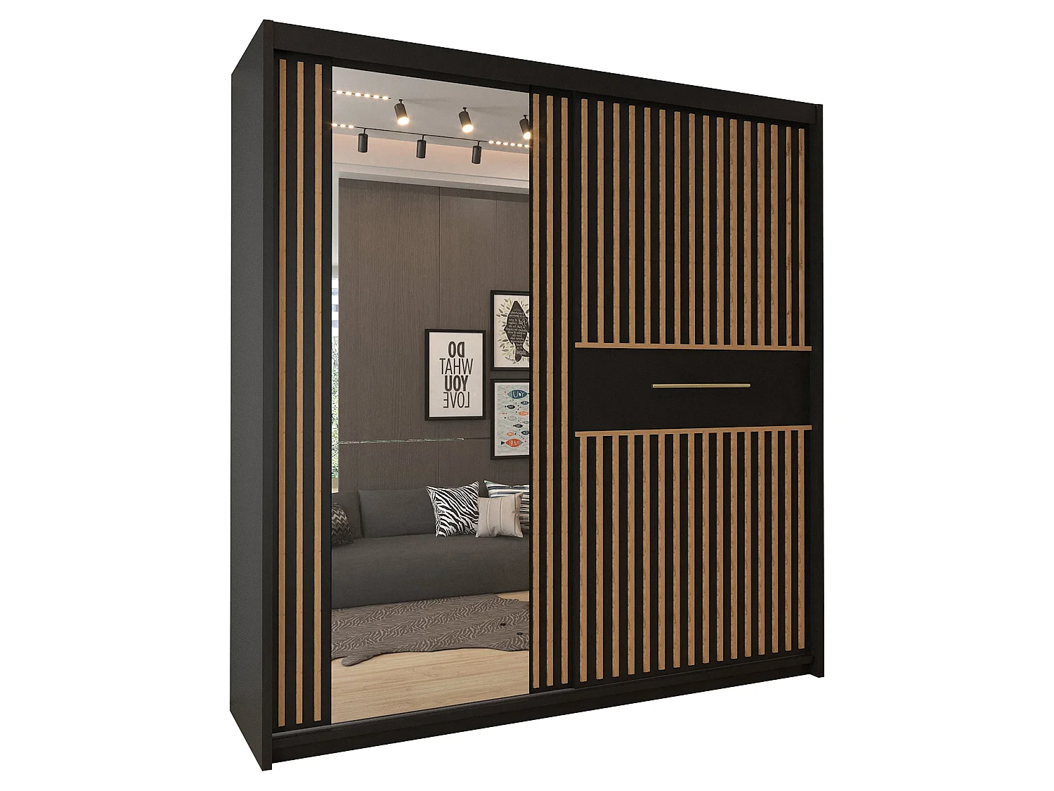 Sliding Door Wardrobe with Mirror & Votan Oak Strips - black 150cm - Cairo Classic