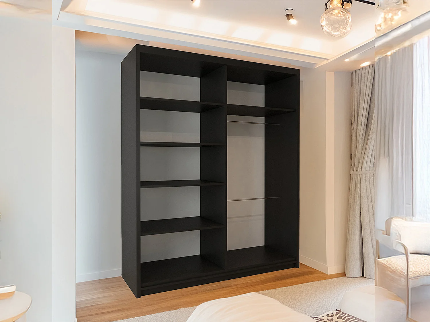 Sliding Door Wardrobe with Mirror & Votan Oak Strips - black 150cm - Cairo Classic