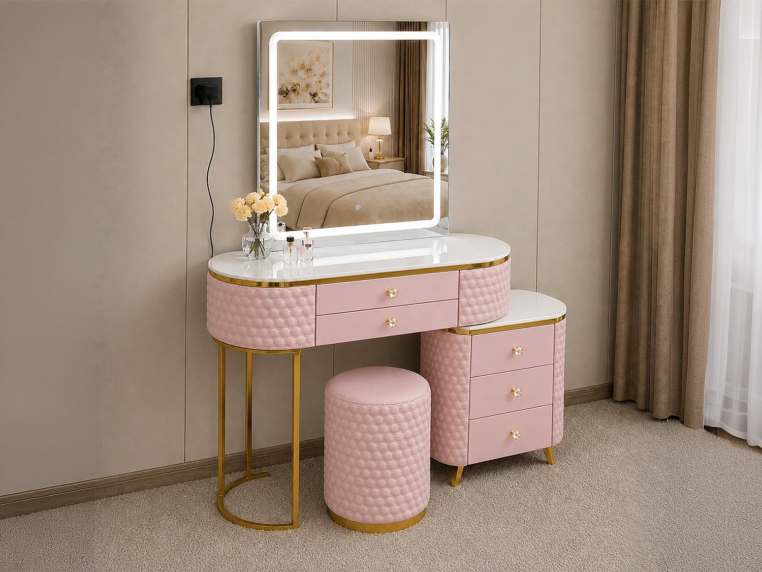 Dressing Table with LED Mirror and 5 Drawers Storage - pink W130  - Lumera