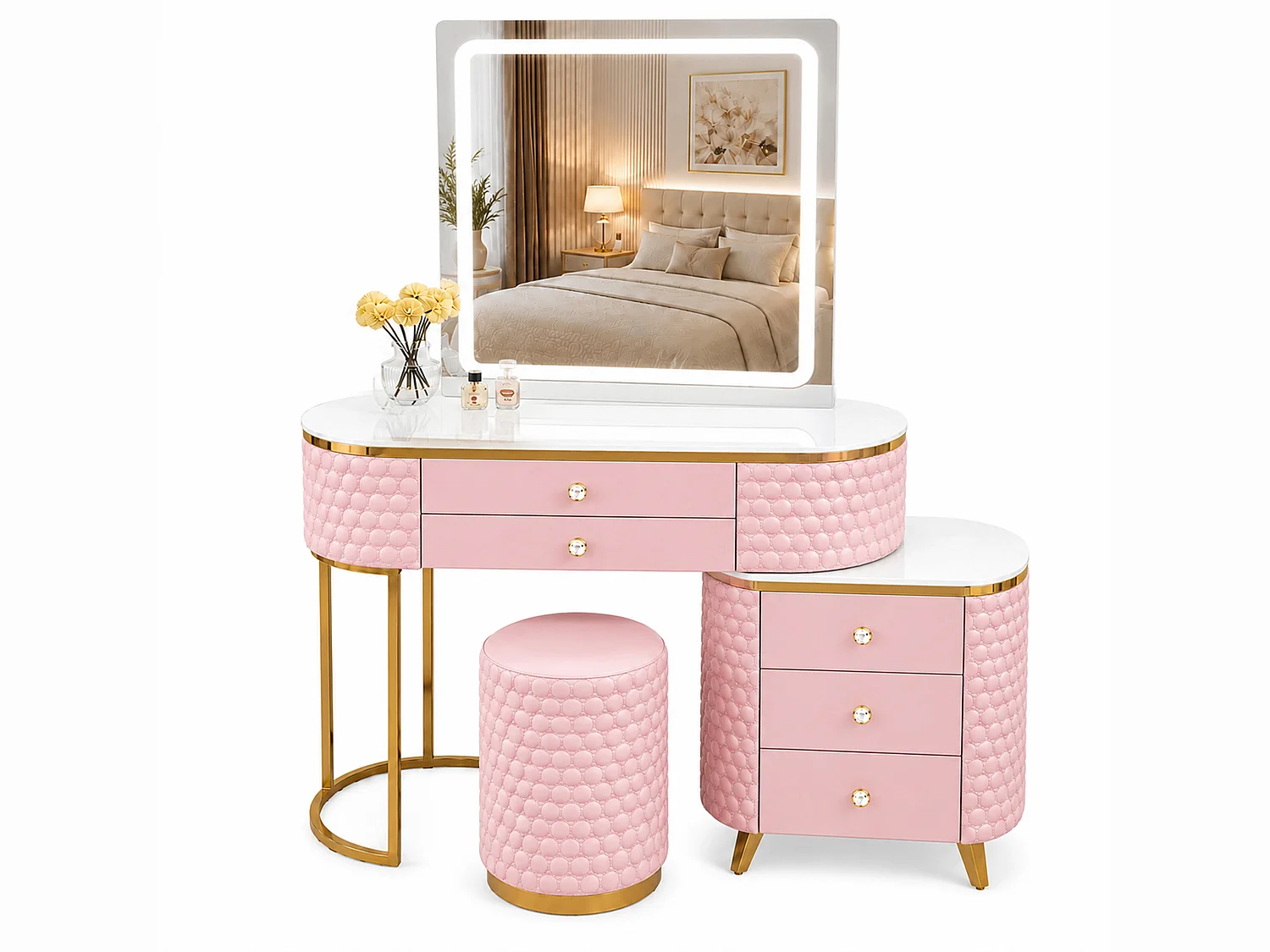 Dressing Table with LED Mirror and 5 Drawers Storage - pink W130  - Lumera