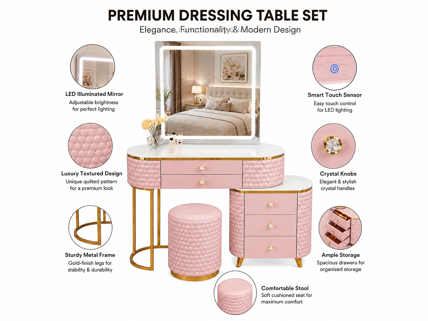Dressing Table with LED Mirror and 5 Drawers Storage - pink W130  - Lumera
