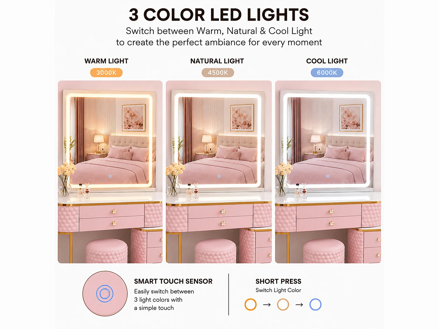 Dressing Table with LED Mirror and 5 Drawers Storage - pink W130  - Lumera