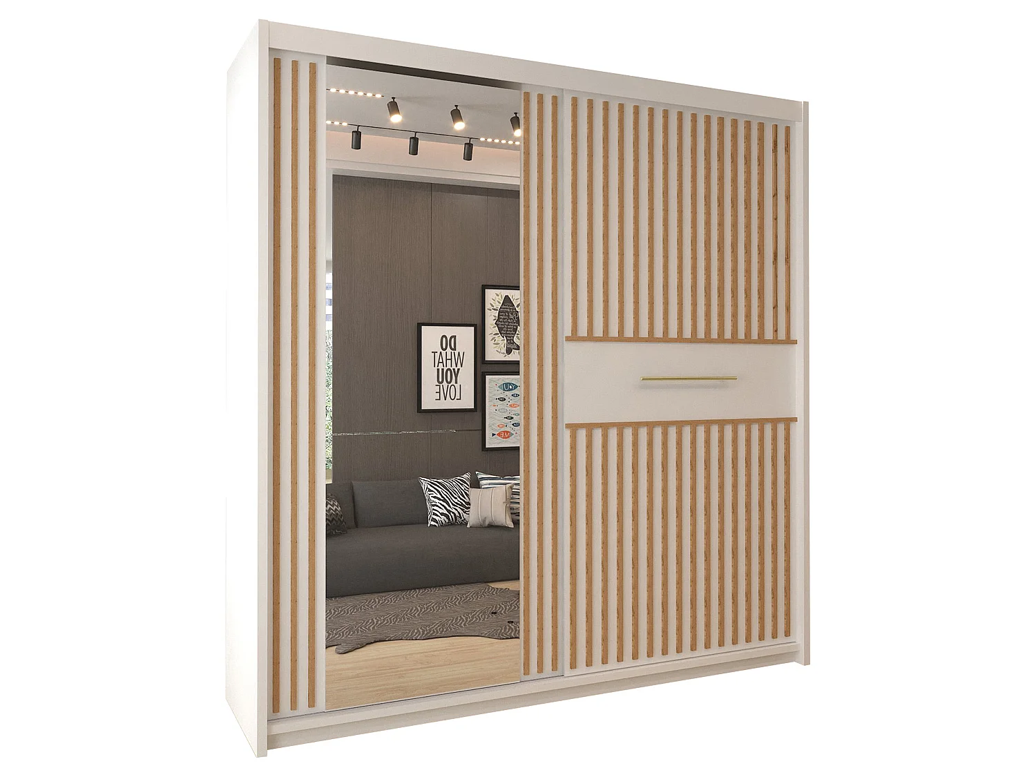 Sliding Door Wardrobe with Mirror & Votan Oak Strips - white 203cm - Cairo Classic