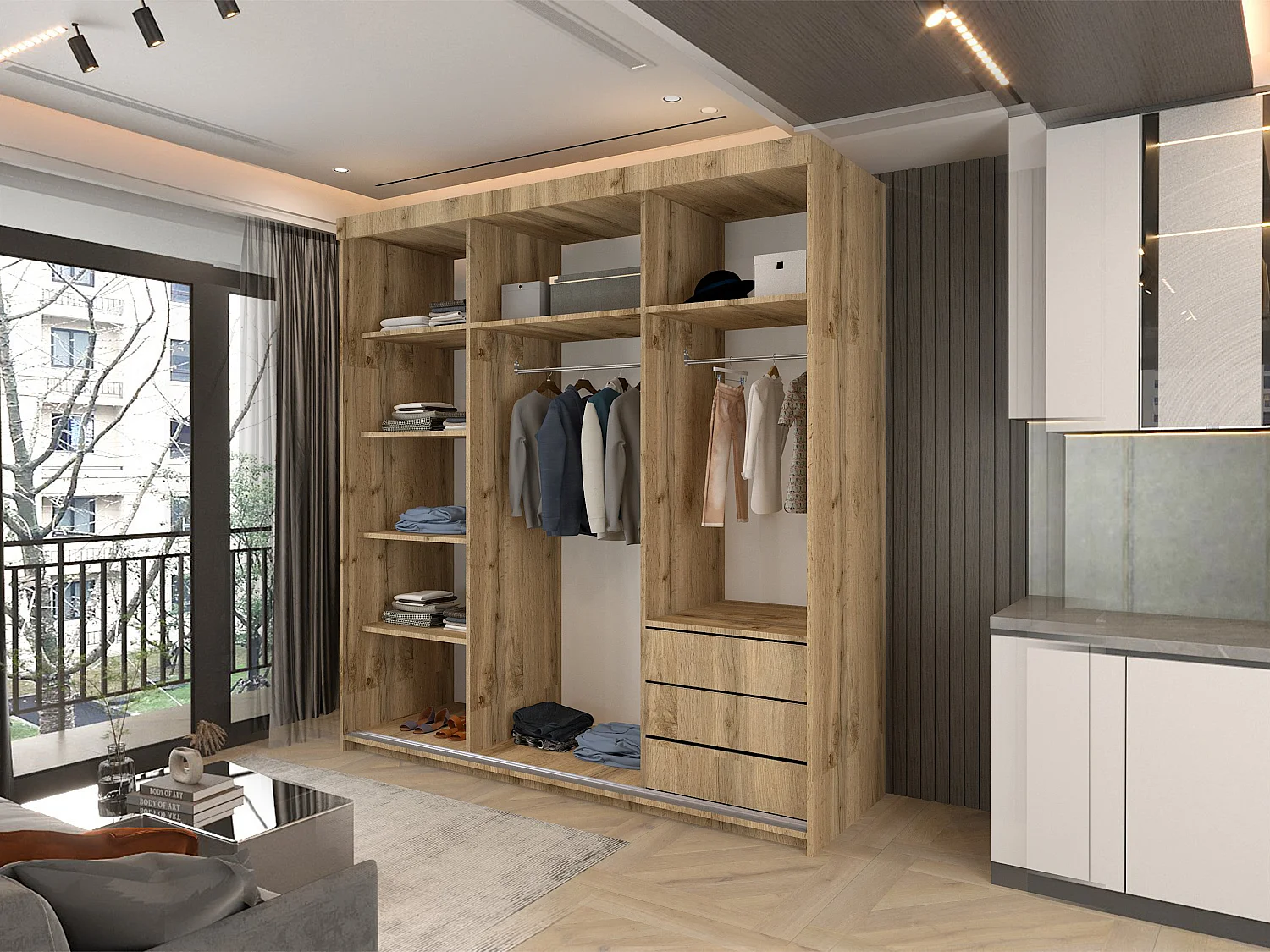 Full Mirror Sliding Door Wardrobe with Shelves & Drawers - votan 200cm - Downtown