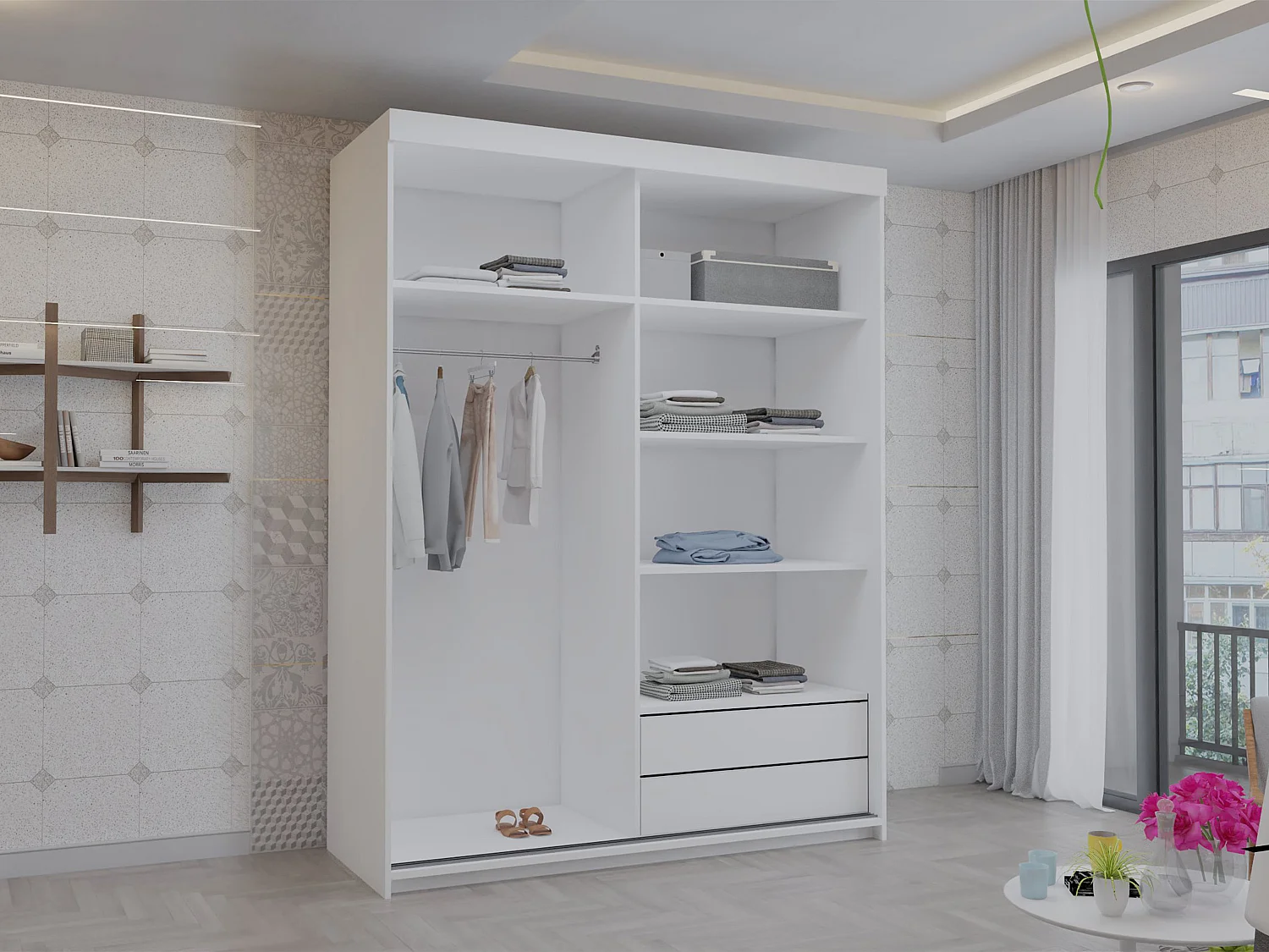 Full Mirror Sliding Door Wardrobe with Shelves & Drawers - white 150cm - Polished